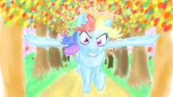 Size: 1920x1080 | Tagged: safe, artist:runbowdash, character:rainbow dash, species:pegasus, species:pony, female, grin, leaves, mare, running, smiling, solo, tree, whitetail woods