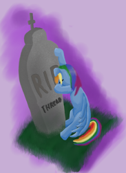 Size: 1000x1363 | Tagged: safe, artist:runbowdash, character:rainbow dash, species:pegasus, species:pony, crying, female, grave, gravestone, implied death, mare, mourning, solo