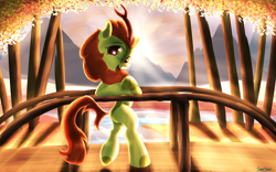 Size: 4000x2500 | Tagged: safe, artist:sweetbrew, character:autumn blaze, species:pony, absurd resolution, backlighting, bipedal, bridge, crepuscular rays, female, forest, leaning, looking at you, looking sideways, open mouth, outdoors, smiling, solo, sun