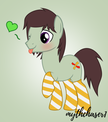 Size: 784x891 | Tagged: safe, artist:mythchaser1, oc, oc:shuffle, species:earth pony, species:pony, clothing, male, one eye closed, socks, solo, stallion, striped socks, tongue out, wink