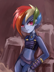 Size: 580x773 | Tagged: safe, artist:kinda-l, character:rainbow dash, episode:the cutie re-mark, g4, my little pony: friendship is magic, my little pony:equestria girls, alternate hairstyle, alternate timeline, apocalypse dash, colored pupils, crystal war timeline, equestria girls-ified, female, looking at you, solo, torn ear