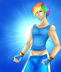 Size: 500x591 | Tagged: safe, artist:animecreator, character:rainbow dash, species:human, abstract background, ask a bishonen pony, clothing, fingerless gloves, gloves, humanized, male, rainbow blitz, rule 63, solo, wristband