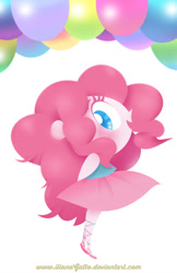 Size: 582x900 | Tagged: safe, artist:ilianagatto, character:pinkie pie, species:human, balloon, clothing, colored pupils, cute, diapinkes, dress, female, hands behind back, humanized, open mouth, profile, solo
