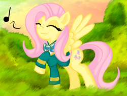 Size: 1626x1238 | Tagged: safe, artist:x-blackpearl-x, character:fluttershy, species:pegasus, species:pony, episode:filli vanilli, g4, my little pony: friendship is magic, clothing, cute, eyes closed, female, mare, music notes, raised leg, shyabetes, singing, spread wings, wings