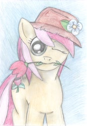 Size: 2424x3496 | Tagged: safe, artist:x-blackpearl-x, character:roseluck, species:earth pony, species:pony, clothing, flower, flower in mouth, hat, looking at you, mouth hold, one eye closed, wink