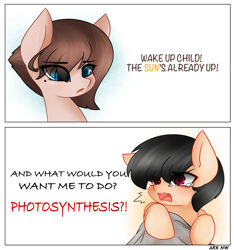 Size: 1500x1600 | Tagged: safe, artist:ark nw, oc, oc only, oc:ashley roy kambell, oc:eirene algelar, species:pony, black hair, blanket, blue eyes, brown hair, colt, dialogue, duo, exclamation point, female, funny, interrobang, joke, male, mare, mother, mother and son, mothers gonna mother, photosynthesis, question mark, red eyes, son, teary eyes, text
