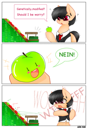 Size: 1500x2175 | Tagged: safe, artist:ark nw, oc, oc only, oc:ashley roy kambell, species:earth pony, species:pony, apple, black hair, clothing, dialogue, food, funny, german, joke, red eyes, simple background, solo, surprised, text, uniform