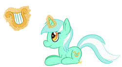 Size: 1154x635 | Tagged: safe, artist:silverrainclouds, character:lyra heartstrings, species:pony, species:unicorn, cute, female, levitation, lying down, lyrabetes, lyre, magic, mare, simple background, smiling, solo, telekinesis, white background