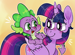 Size: 1280x935 | Tagged: safe, artist:incubugs, artist:mega-bugsly, character:spike, character:twilight sparkle, character:twilight sparkle (alicorn), species:alicorn, species:dragon, species:pony, blushing, cute, fangs, female, happy, looking at each other, male, mare, simple background, smiling, winged spike, wings, yellow background