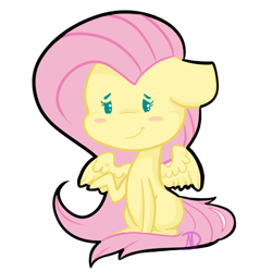 Size: 500x500 | Tagged: safe, artist:mdragonflame, character:fluttershy, species:pegasus, species:pony, beady eyes, blush sticker, blushing, chibi, cute, female, floppy ears, missing cutie mark, raised hoof, shyabetes, simple background, sitting, smiling, solo, spread wings, transparent background, wings