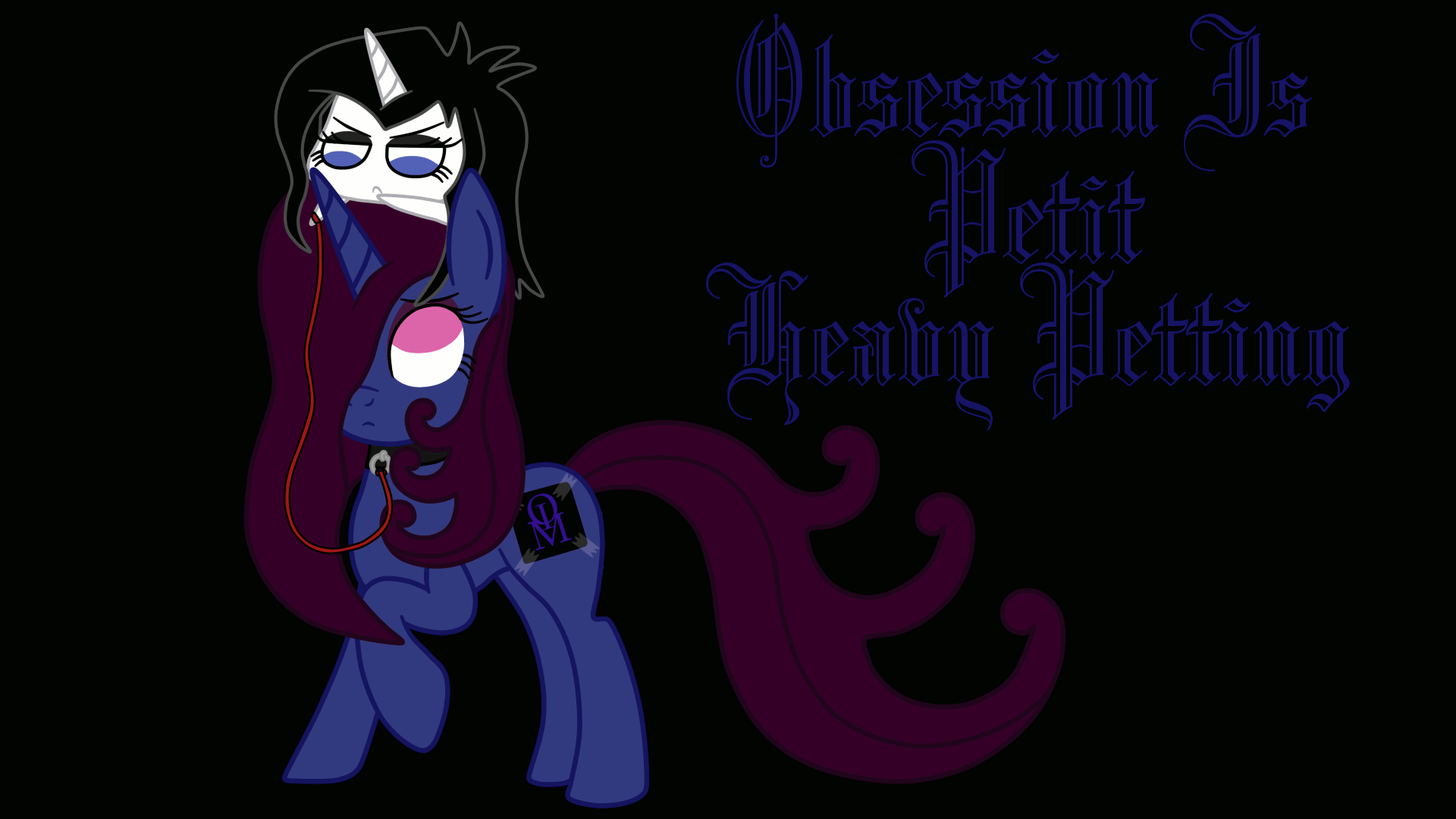 Size: 1920x1080 | Tagged: safe, artist:thelordofdust, oc, oc only, oc:maneia, oc:nocturna, species:pony, species:unicorn, animated, black background, blackletter, collar, cte, duo, fake cutie mark, frown, gif, leash, looking down, looking up, no pupils, obsession is magic, petting, pony hat, raised hoof, simple background