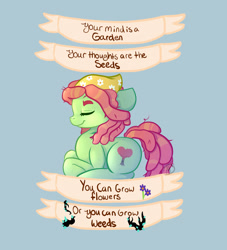 Size: 1000x1100 | Tagged: safe, artist:mdragonflame, character:tree hugger, species:earth pony, species:pony, blue background, cute, eyes closed, female, huggerbetes, mare, old banner, profile, prone, quote, simple background, solo
