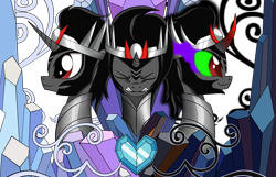 Size: 2408x1550 | Tagged: safe, artist:dualtry, character:king sombra, species:pony, crystal empire, crystal heart, evil laugh, male, solo, suffering