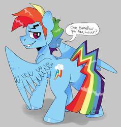 Size: 973x1024 | Tagged: safe, artist:incubugs, artist:mega-bugsly, character:rainbow dash, species:pegasus, species:pony, facing away, gray background, looking over shoulder, male, rainbow blitz, rule 63, simple background, smiling, smirk, solo