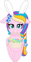 Size: 1280x2532 | Tagged: safe, artist:pokeponyeq, character:ploomette, species:pony, basket, bunny ears, bust, deviantart watermark, easter egg, female, mouth hold, obtrusive watermark, portrait, simple background, solo, transparent background, watermark
