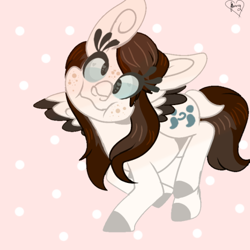 Size: 466x466 | Tagged: safe, artist:crippling depression, oc, oc:crippling depression, species:pegasus, species:pony, abstract background, chubby cheeks, colored hooves, cross-eyed, cute, freckles, signature, silly, silly face, spread wings, wings