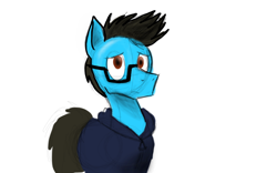 Size: 960x600 | Tagged: safe, artist:ivoryspark, oc, oc only, oc:ivory spark, species:pony, clothing, glasses, hoodie, male, simple background, solo, spiky mane, stallion, white background