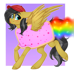 Size: 1100x1050 | Tagged: safe, artist:kannakiller, oc, oc only, species:pegasus, species:pony, cap, clothing, colored hooves, food, hat, not daring do, nyan cat, pegasus oc, poptart, solo, tongue out, wings, ych result