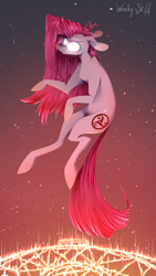 Size: 1080x1920 | Tagged: safe, artist:wacky-skiff, character:pinkamena diane pie, character:pinkie pie, species:earth pony, species:pony, comic:the rose of life, abigail, female, floating, glowing eyes, grimdark series, grotesque series, mare, ritual, sigil, solo, when demons awake