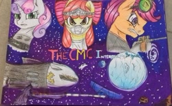 Size: 1781x1100 | Tagged: safe, artist:mya-chan nina, character:apple bloom, character:scootaloo, character:sweetie belle, species:earth pony, species:pegasus, species:pony, species:unicorn, angry, bandana, binoculars, black hole, bow, colored, colored background, cutie mark crusaders, halberd, hooves, meteorite, planet, scientist, sniper, space, space mares, spaceship, spy suit, stars, title, traditional art, weapon