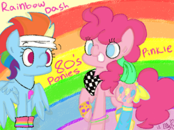 Size: 800x600 | Tagged: safe, artist:ponypocky317, character:pinkie pie, character:rainbow dash, 80s, clothing, fashion, leg warmers, neckerchief, raised hoof