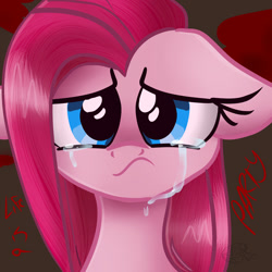 Size: 1024x1024 | Tagged: safe, artist:yoshiyoshi700, character:pinkamena diane pie, character:pinkie pie, species:pony, bust, crying, female, floppy ears, head only, life is a party, portrait, sad, solo