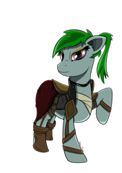 Size: 1280x1804 | Tagged: safe, artist:rene-owen, artist:reneowen, species:earth pony, species:pony, armor, bandage, clothing, green hair, jacket, leather boots, leather jacket, pose, red dress, simple background, standing