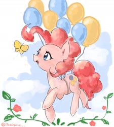 Size: 1181x1310 | Tagged: safe, artist:tomitake, character:pinkie pie, species:earth pony, species:pony, balloon, butterfly, cute, diapinkes, female, floating, flower, mare, solo, then watch her balloons lift her up to the sky