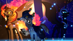 Size: 3840x2160 | Tagged: safe, artist:twilighlot, character:daybreaker, character:nightmare moon, character:princess celestia, character:princess luna, character:star swirl the bearded, species:pony, 3d, fire, live wallpaper, magic, particles, source filmmaker, starswirl's book