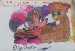 Size: 1619x1108 | Tagged: safe, artist:mya-chan nina, oc, oc only, oc:hoxton, oc:mya-chan the vampony, species:alicorn, species:griffon, species:pony, alicorn oc, bat wings, beak, claws, clothing, colored, dyed mane, eyebrows, eyelashes, griffon oc, horn, looking at each other, lying down, paws, peytral, saddle, scrunchie, sharp teeth, simple background, smiling, socks, striped socks, tack, talking, teeth, title, traditional art, vampony, wings