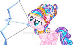 Size: 1024x639 | Tagged: safe, artist:pokeponyeq, character:ploomette, species:pony, arrow, bow (weapon), bow and arrow, crystal pegasus, deviantart watermark, female, mare, mouth hold, obtrusive watermark, simple background, solo, transparent background, watermark, weapon