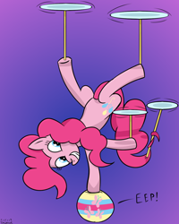 Size: 1000x1250 | Tagged: safe, artist:tazool, character:fluttershy, character:pinkie pie, species:earth pony, species:pony, acrobatics, balancing, ball, cute, eep, female, flutterball, good trick, hoof stand, implied transformation, inanimate object, looking up, plate spinning, silly, simple background, spinning, standing, standing on one leg