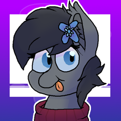 Size: 600x600 | Tagged: safe, artist:retro_hearts, oc, oc only, oc:seachell, species:bat pony, species:pony, bat pony oc, blep, clothing, female, flower, flower in hair, mare, silly, simple background, solo, sweater, tongue out
