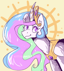 Size: 784x871 | Tagged: safe, artist:kittyisawolf, character:princess celestia, species:alicorn, species:pony, abstract background, crown, curved horn, cute, cutelestia, female, horn, jewelry, mare, peytral, regalia, solo