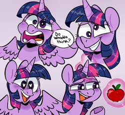 Size: 1554x1424 | Tagged: safe, artist:incubugs, artist:mega-bugsly, character:twilight sparkle, character:twilight sparkle (alicorn), species:alicorn, species:pony, apple, colored background, derp, female, food, glowing horn, heart eyes, levitation, magic, smiling, solo, telekinesis, twilight snapple, twilynanas, wingding eyes