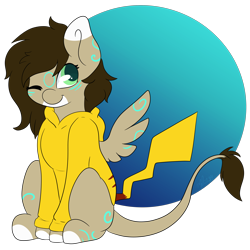 Size: 3600x3600 | Tagged: safe, artist:melonzy, oc, oc only, oc:rune, species:pegasus, species:pony, brown mane, crossover, female, filly, green eyes, happy, high res, long tail, one eye closed, pikachu, pokémon, simple background, smiling, solo, sweatshirt, transparent background