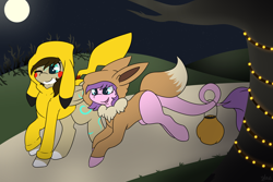 Size: 5400x3600 | Tagged: safe, artist:melonzy, oc, oc only, oc:melon sweet, oc:rune, species:pony, brown mane, candy, clothing, costume, crossover, dusk, eevee, female, filly, food, friendship, full moon, green eyes, halloween, happy, holiday, long tail, moon, one eye closed, open mouth, pikachu, pokémon, purple mane, smiling, string lights, sweatshirt, trail, tree