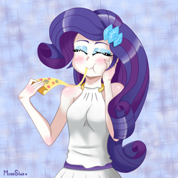 Size: 3200x3204 | Tagged: safe, artist:morestar, character:rarity, species:human, my little pony:equestria girls, :>, abstract background, blushing, clothing, cute, dress, eating, eyes closed, female, food, hairpin, happy, humanized, makeup, pizza, puffy cheeks, raribetes, sleeveless, smiling, solo, sparkles