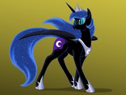 Size: 2000x1500 | Tagged: safe, artist:nebulastar985, character:nightmare moon, character:princess luna, species:alicorn, species:pony, cute, cute little fangs, ethereal mane, fangs, female, galaxy mane, gradient background, hoof shoes, jewelry, looking at something, mare, moonabetes, peytral, regalia, simple background, solo, spread wings, tiara, wings