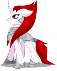 Size: 1024x1268 | Tagged: safe, artist:marly-kaxon, oc, oc only, oc:crimson lance, species:pony, species:unicorn, armor, curved horn, female, floppy ears, horn, mare, simple background, solo, white background