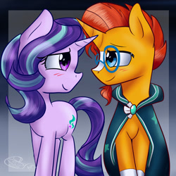 Size: 1024x1024 | Tagged: safe, artist:yoshiyoshi700, character:starlight glimmer, character:sunburst, species:pony, species:unicorn, ship:starburst, blushing, clothing, female, looking at each other, male, mare, robe, shipping, signature, simple background, smiling, stallion, straight, sunburst's robe, wrong eye color