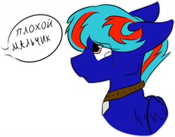 Size: 1280x997 | Tagged: safe, artist:irli_and_stripes, oc, oc only, oc:hellfire, species:pegasus, species:pony, series:ponydog, bad boy, blue fur, collar, crying, cyrillic, foal, pet, russian, slave, translated in the comments, young