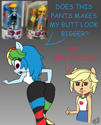 Size: 987x1215 | Tagged: safe, artist:syscod, character:applejack, character:rainbow dash, ship:appledash, my little pony:equestria girls, ass, blood, butt, clothing, dialogue, doll, equestria girls minis, female, lesbian, looking at her butt, nosebleed, pants, rainbutt dash, shipping, skirt, tank top, the ass was fat, toy