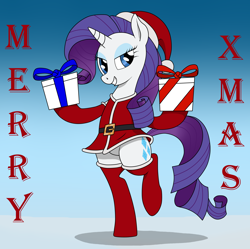 Size: 2172x2160 | Tagged: safe, artist:syscod, character:rarity, species:anthro, species:pony, species:unicorn, arm hooves, bipedal, christmas, clothing, costume, eyeshadow, female, holiday, lidded eyes, makeup, present, santa costume, smiling, solo