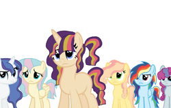 Size: 1280x810 | Tagged: safe, artist:melodysweetheart, artist:pinkie3212, base used, oc, oc only, oc:amethyst, oc:berry bloom, oc:party popper, oc:shimmering dawn, oc:soaring rainbows, oc:sweet pea, parent:applejack, parent:coco pommel, parent:fancypants, parent:fluttershy, parent:party favor, parent:pinkie pie, parent:rainbow dash, parent:rarity, parent:soarin', parent:strawberry sunrise, parent:sunset shimmer, parent:twilight sparkle, parents:applerise, parents:cocoshy, parents:partypie, parents:raripants, parents:soarindash, parents:sunsetsparkle, species:earth pony, species:pegasus, species:pony, species:unicorn, female, freckles, magical lesbian spawn, mare, offspring, simple background, white background