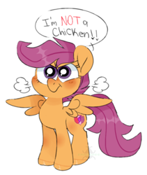 Size: 422x499 | Tagged: safe, artist:incubugs, character:scootaloo, species:pegasus, species:pony, angry, blatant lies, cute, cutealoo, cutie mark, female, filly, madorable, scootachicken, simple background, solo, spread wings, the cmc's cutie marks, white background, wings