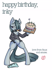 Size: 3333x4583 | Tagged: safe, artist:lilfaux, character:marble pie, bipedal, blue underwear, cake, choker, clothing, female, food, happy birthday, hoodie, lonely inky, panties, solo, striped underwear, underwear