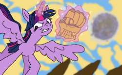 Size: 790x482 | Tagged: safe, artist:j1mmy c4ge, character:twilight sparkle, character:twilight sparkle (alicorn), species:alicorn, species:pony, angry, avengers: infinity war, female, infinity gauntlet, infinity war, magic, parody, planet, solo, thanos, tyrant sparkle