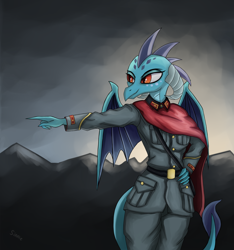 Size: 3000x3200 | Tagged: safe, artist:sinniepony, character:princess ember, species:anthro, species:dragon, clothing, female, military uniform, solo, uniform