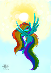Size: 1600x2304 | Tagged: safe, artist:vegemiteguzzler, character:rainbow dash, species:pegasus, species:pony, female, flying, long mane, long tail, mare, sky, sun, wings